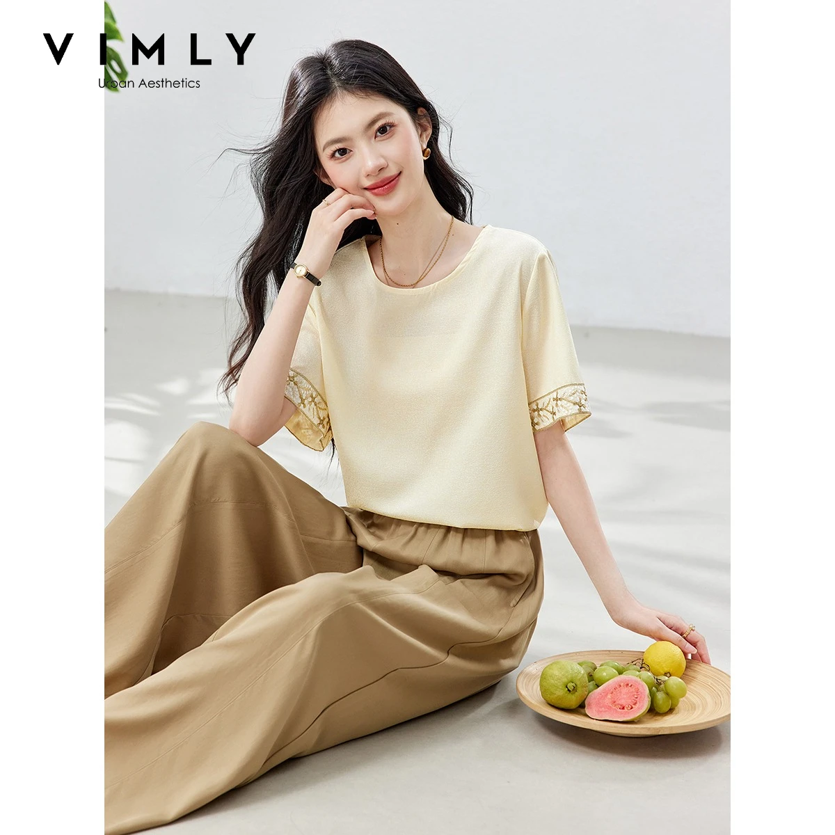 

VIMLY Women's Embroidered Apricot Chiffon Shirt 2026 Summer New Loose Crew Neck Short Sleeve Blouse Fashion Daily Wear 30970
