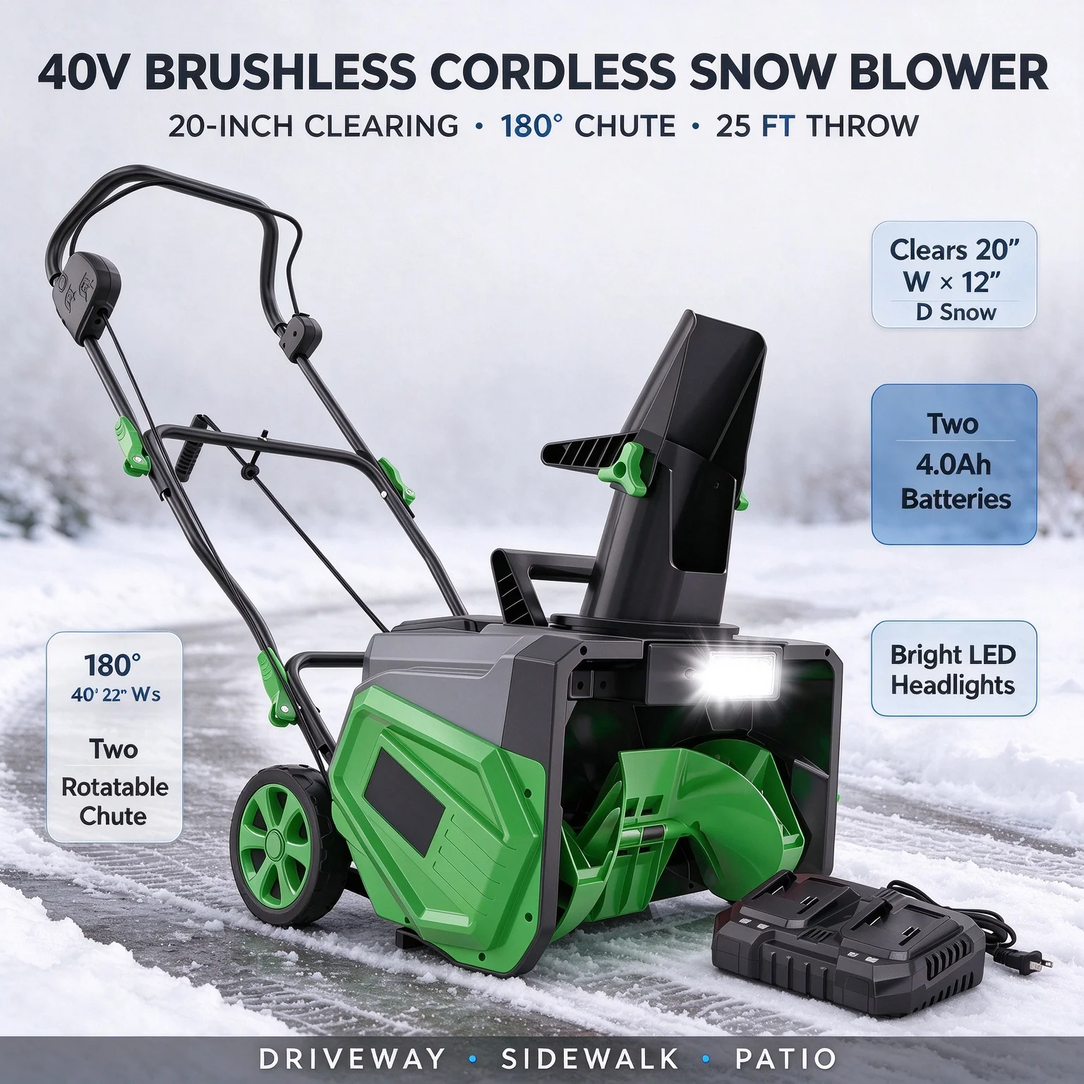 40V Brushless Cordless Snow Blower, 20-Inch Electric Snow Thrower with Two 4.0Ah Batteries, 180° Rotatable Chute, LED Headlights and Folding Handle for Driveway Sidewalk Patio