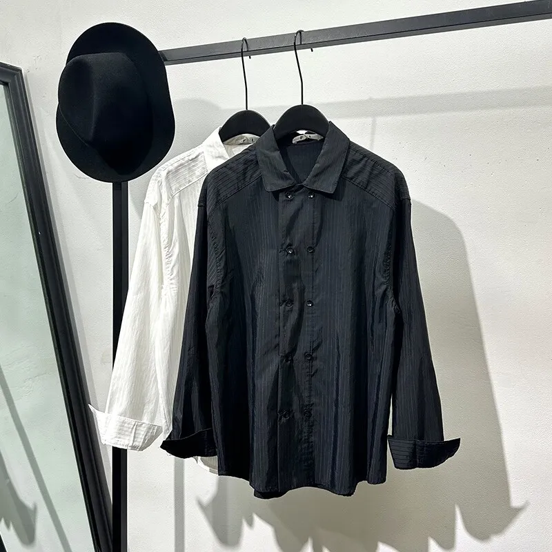 Ruffle Handsome Stylish Flow Simple Double Breasted Long-Sleeved Shirt Popular High-Grade Striped Avant-Garde Temperament