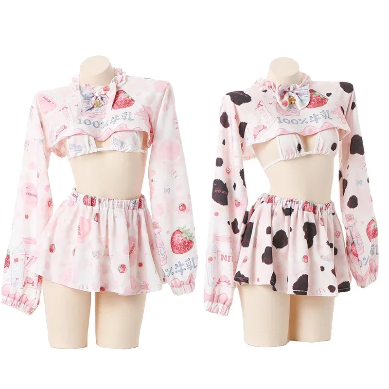 Anime maid outfit cosplay uniform pink cute Lolita dresses cow girl Strawberry long sleeve hollow out crop top mini skirt set