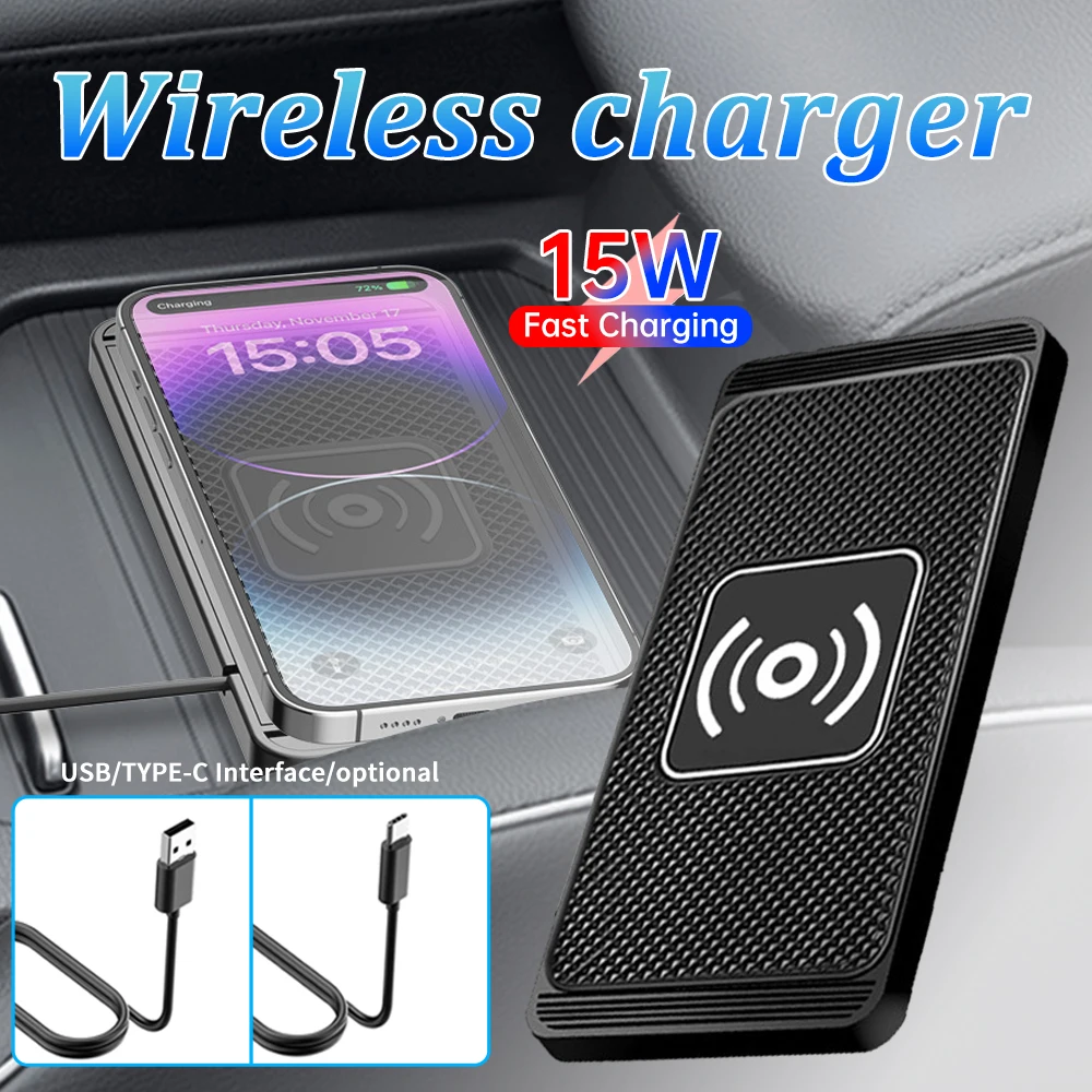 2in1 15W Wireless Charger Mat Non-slip Silicone Car Dashboard Holder Stand Fast Charging Stand For iPhone 15 14 13 12