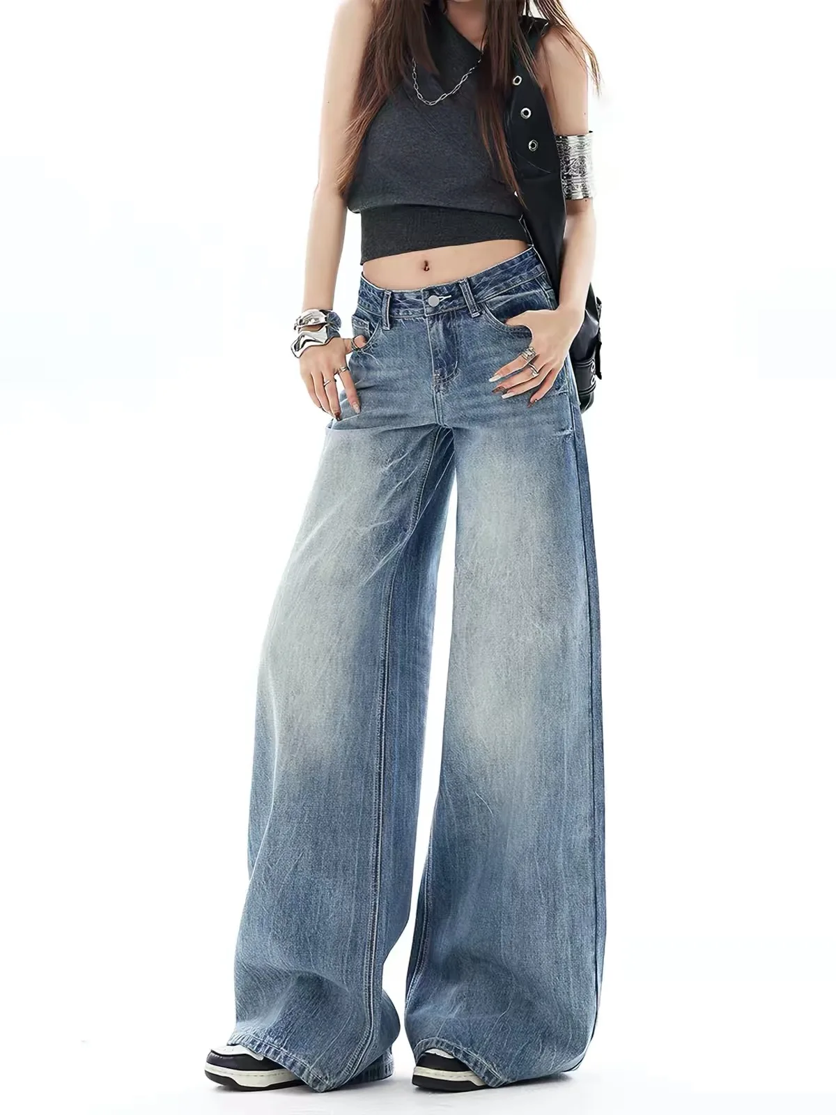 Retro Style Embroidered Washed Straight Leg Casual Pants for Women High Waist Wide Leg Jeans Casual Comfortable Fit