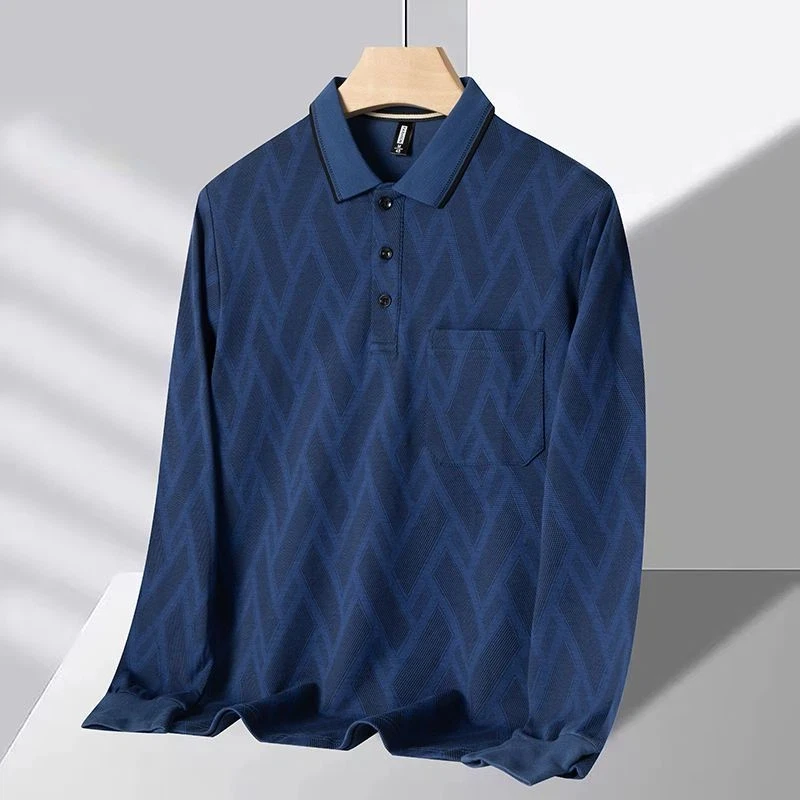 Men Cotton Long Sleeve Polo Shirt Geometric Pattern Lapel Casual Dad Top