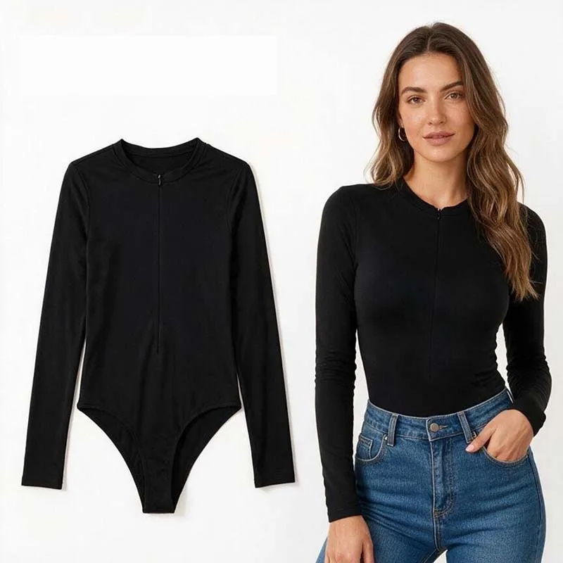 Damen Langarm-Bodysuit mit Verdecktem Reißverschluss Vorne, Einfarbig, Eng Anliegend, Dehnbar, Basic Body Top für Damen, Alltagskleidung, Streetwear-Jumpsuit – Detail 3