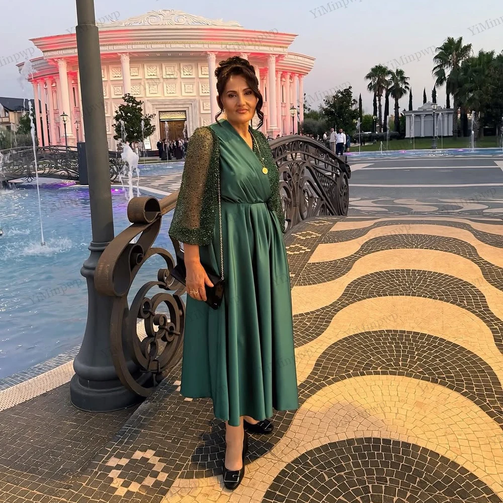 

Green Mother Of The Bride Dress Satin Puff Sleeve Elegant Evening Prom Formal Party Birthday Celebrity Gowns Dress Customized