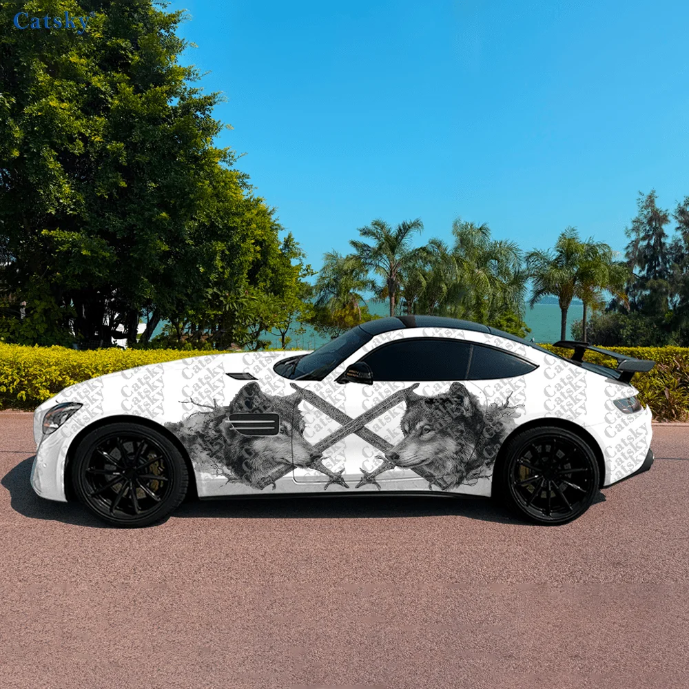 

Double Wolves Swords Car Side Sticker Decoration, PVC Waterproof Scratch Resistant Decal, Car Protection, Auto Accessories Gift