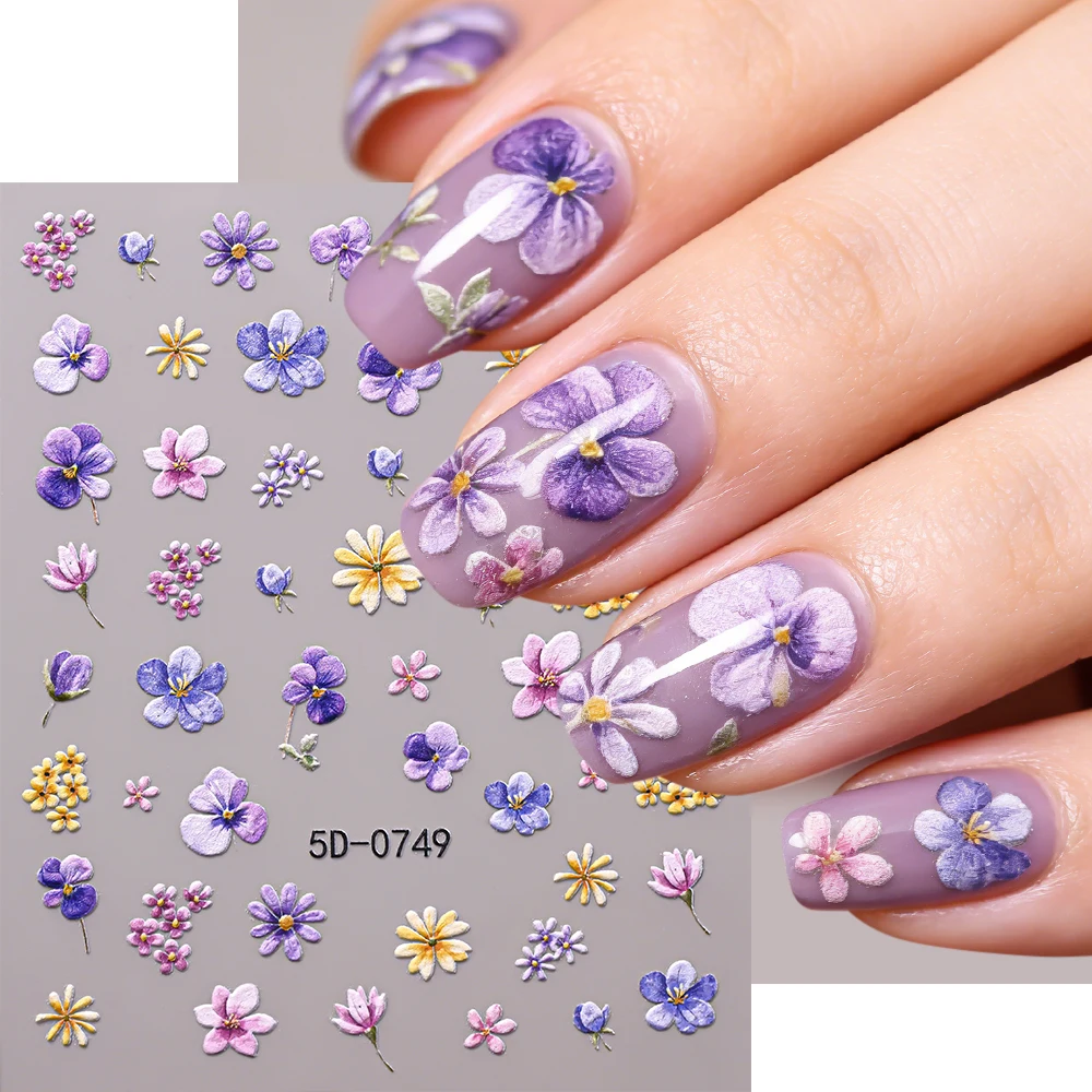 1Pcs 5D Embossed Pansy Daisy Nail Stickers Self-Adhesive PurpleFloral Nails Decals Tiny Blossom for Elegant Daily Manicure Decor