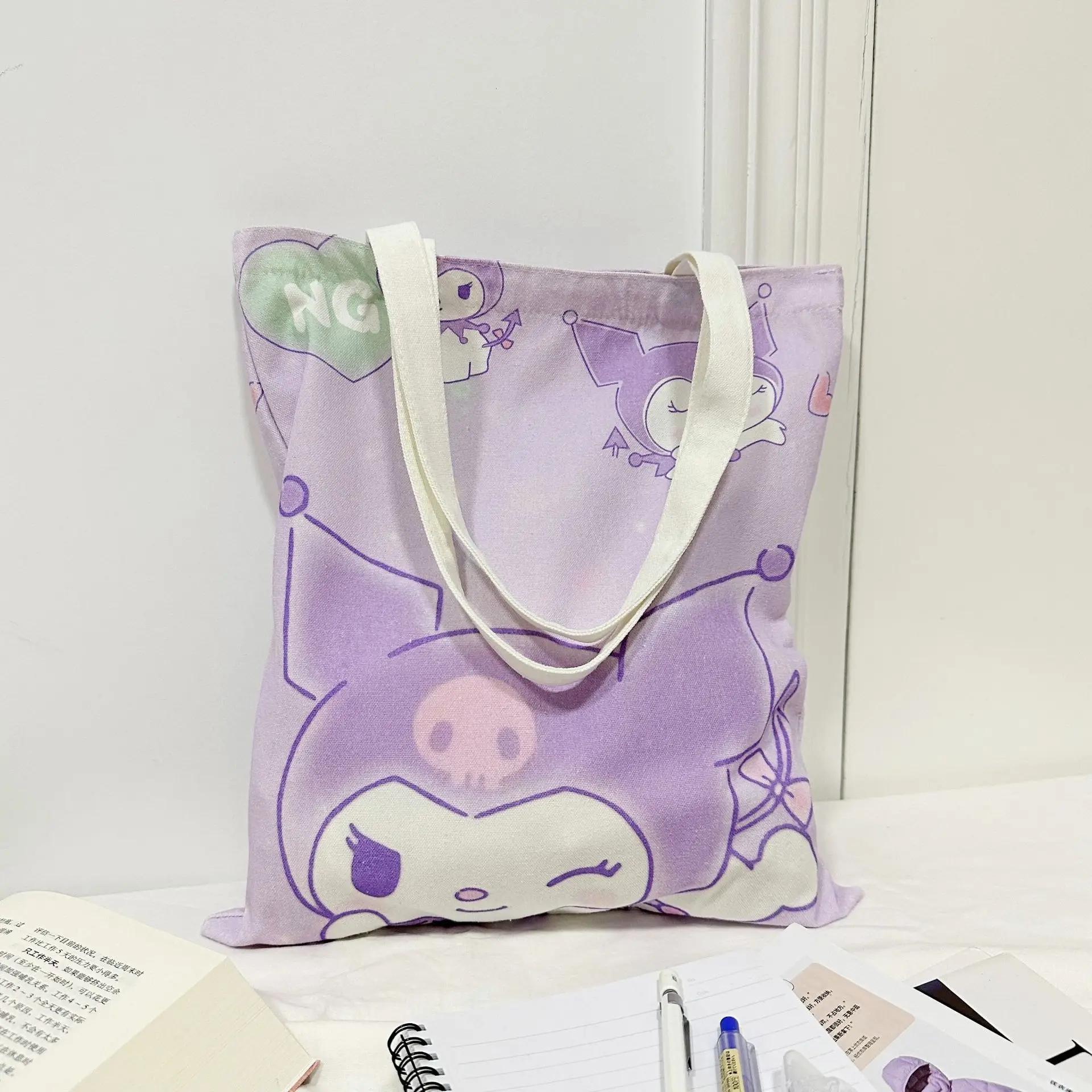 Kuromi Hellokitty Borsa in tela con stampa fronte-retro Borse a tracolla da donna Borsa per la spesa casual di grande capacità Borsa per tutoring