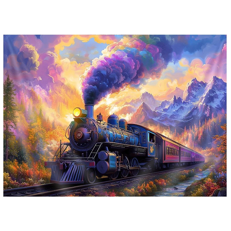 Steam train diamond painting kit old engine train landscape 5D DIY embroidery decoration rainbow cloud sky forest mountain craft