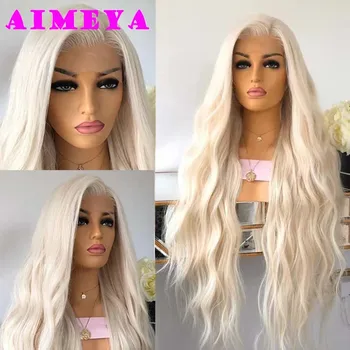 AIMEYA Platinblonde Lace-Front-Perücken für Frauen, langes natürliches Wellen-Kunsthaar, hitzebeständiges Faserhaar, freier Teil