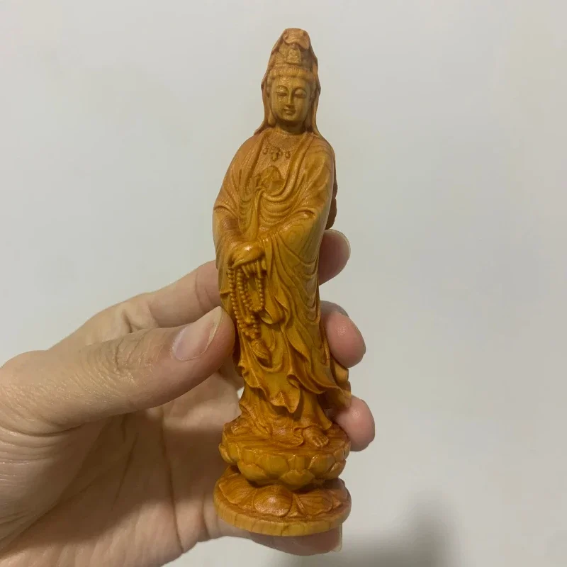 Carvings Of Cypress Wood Home Decoration Guanyin Bodhisattva Stand Like Household Solid Wood Guanyin Smile Face Guanyin Desk