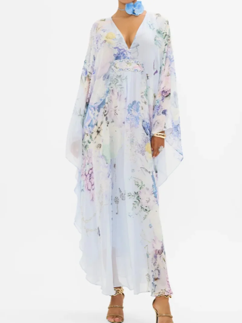 

Women Floral Printed Maxi Dress 100% Silk V-Neck Long Sleeve Loose Robe