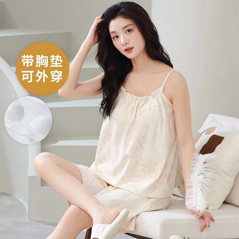 Summer Suspender Pajama set With Bra Pad Cotton Women home clothes Korean version Fashion Lounge Set Shorts pyjama pour femme