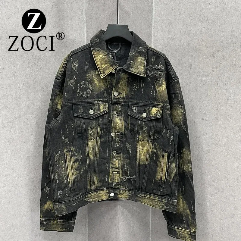 

[ZOCI] Washed Color Changing Ripped Denim For Men And Women Loose Jacket