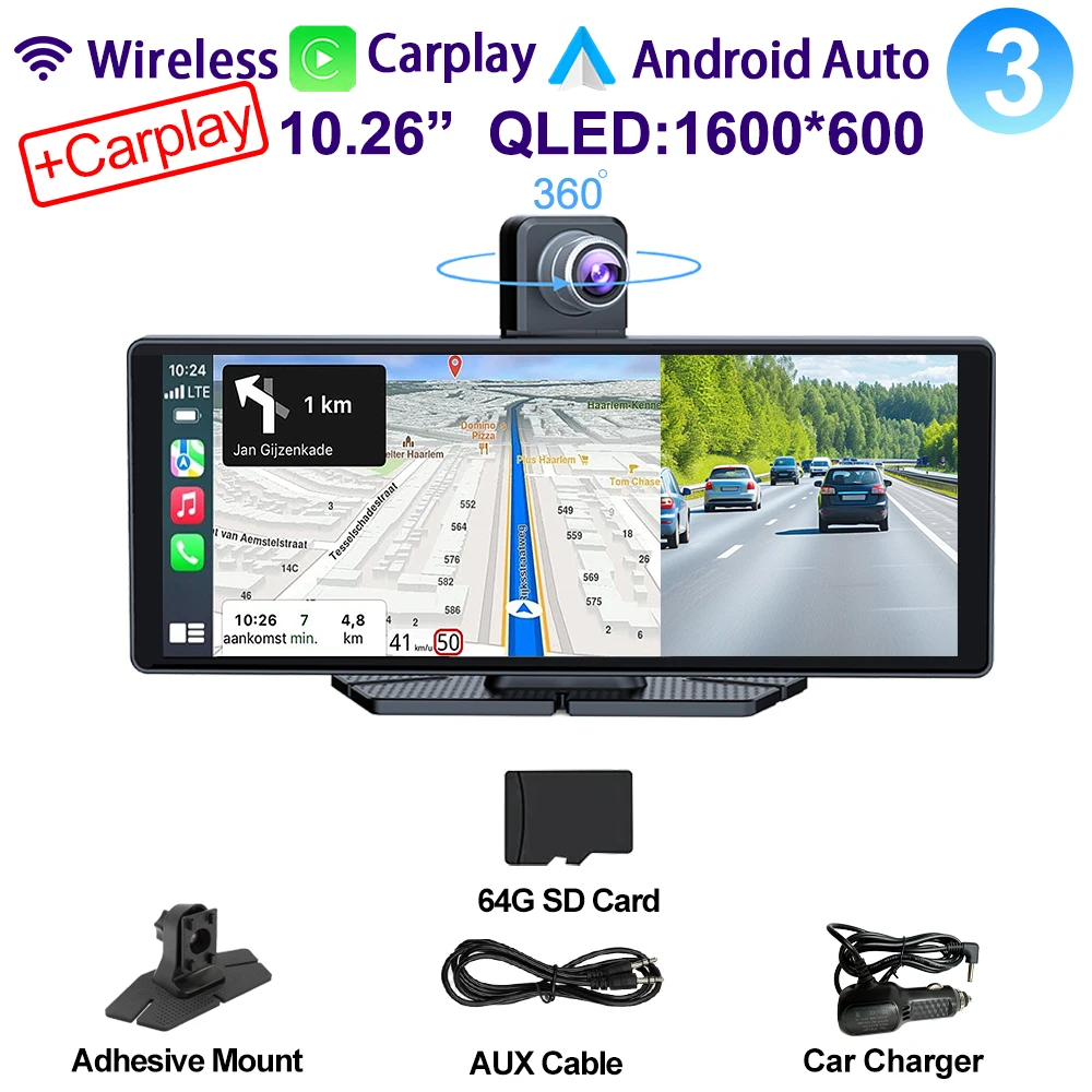 Universele 10,26" auto Intelligent 4K 360 °   Rotatio Auto DVR Dash Cam Draadloze CarPlay & Android Auto Bluetooth WIFI Achteruitrijden
