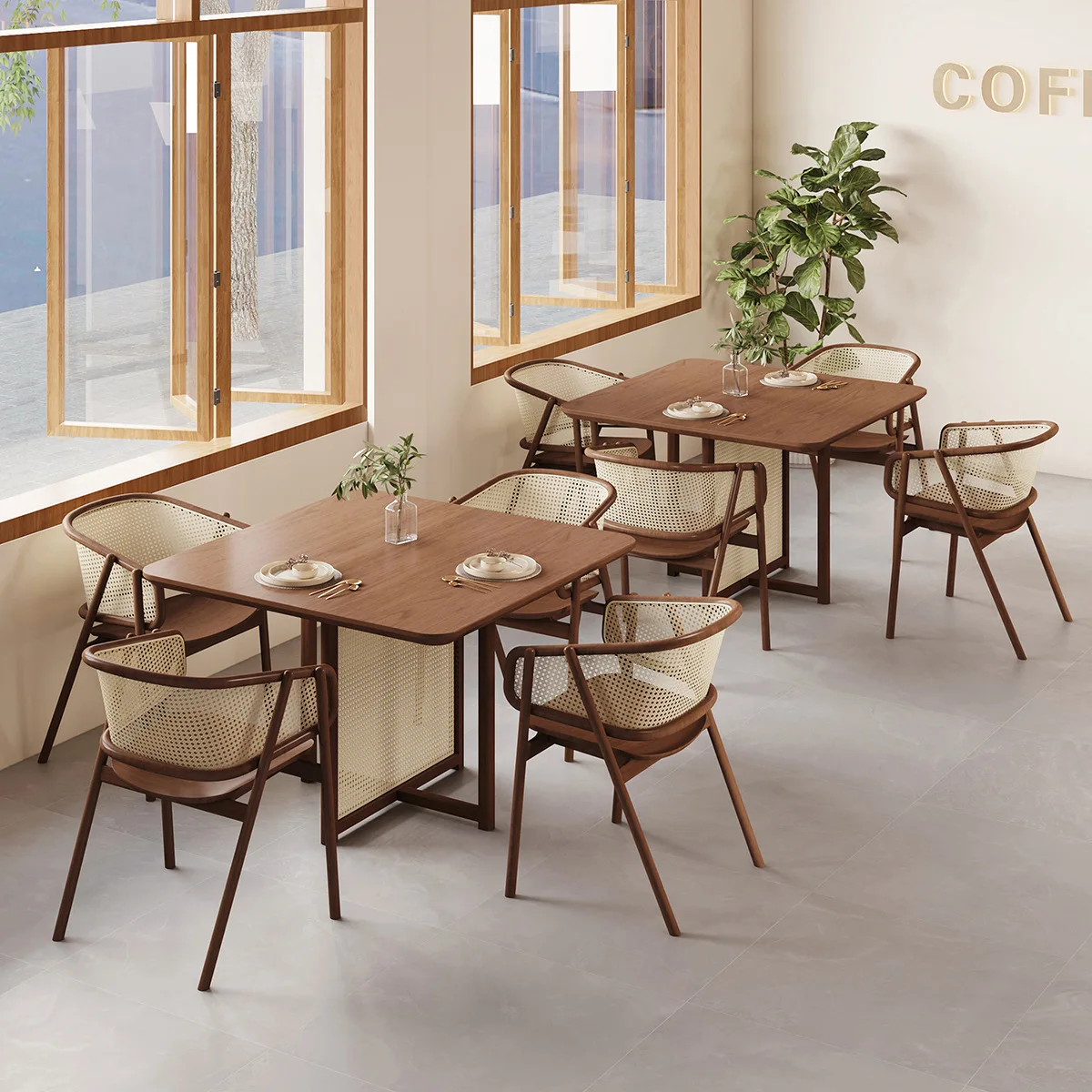 Solid wood rattan table commercial bar lobby table and chair combination homestay square 2/4 person table