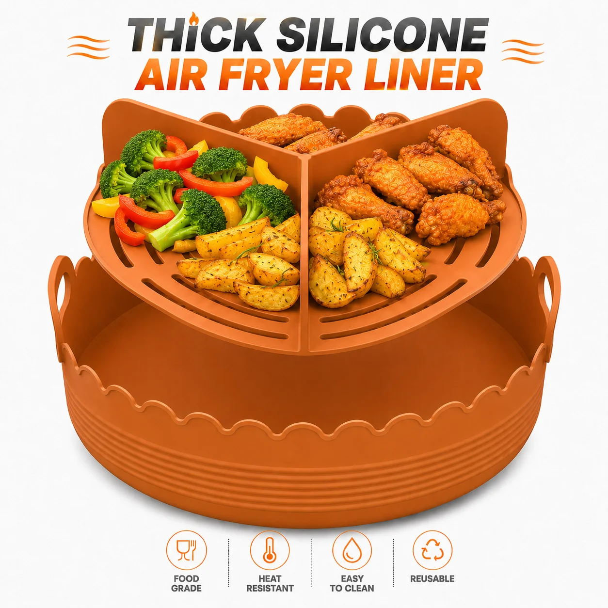 Revestimiento de silicona para freidora de aire con divisor de 3 compartimentos, bandeja de cocción con filtro reutilizable, cesta fácil de limpiar para horno y microondas