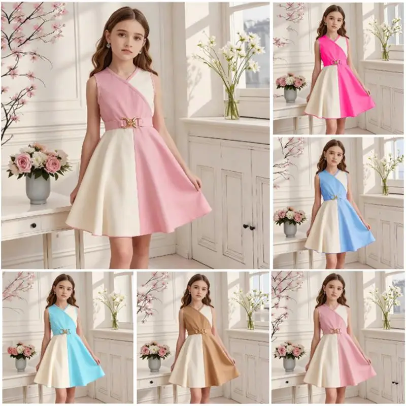 

Two Color Blocking Girl Summer Dress Sleeveless Elegant Girls Vintage Dress Casual Outdoor Clothing Children Birthday Dress