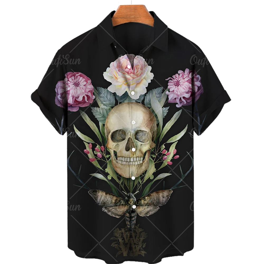 Hawaiian Retro Casual Floral Shirt Man For Lapel Horror Skull 3d Print Street Button Korean Short Sleeves Clothes Sale