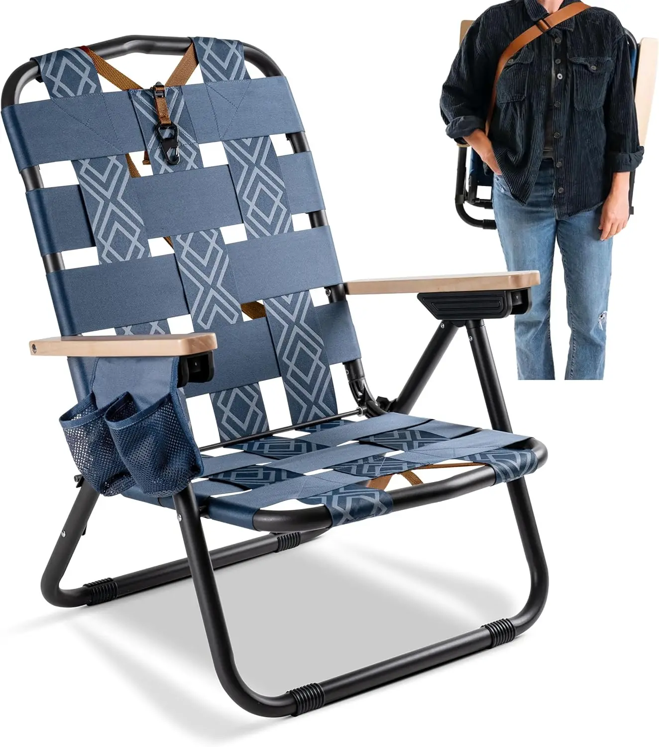 

Low Profile Beach Camping Chair with Hands Free Strap, Cup Holders & Bottle Opener, Folds Flat, Holds 300 lbs