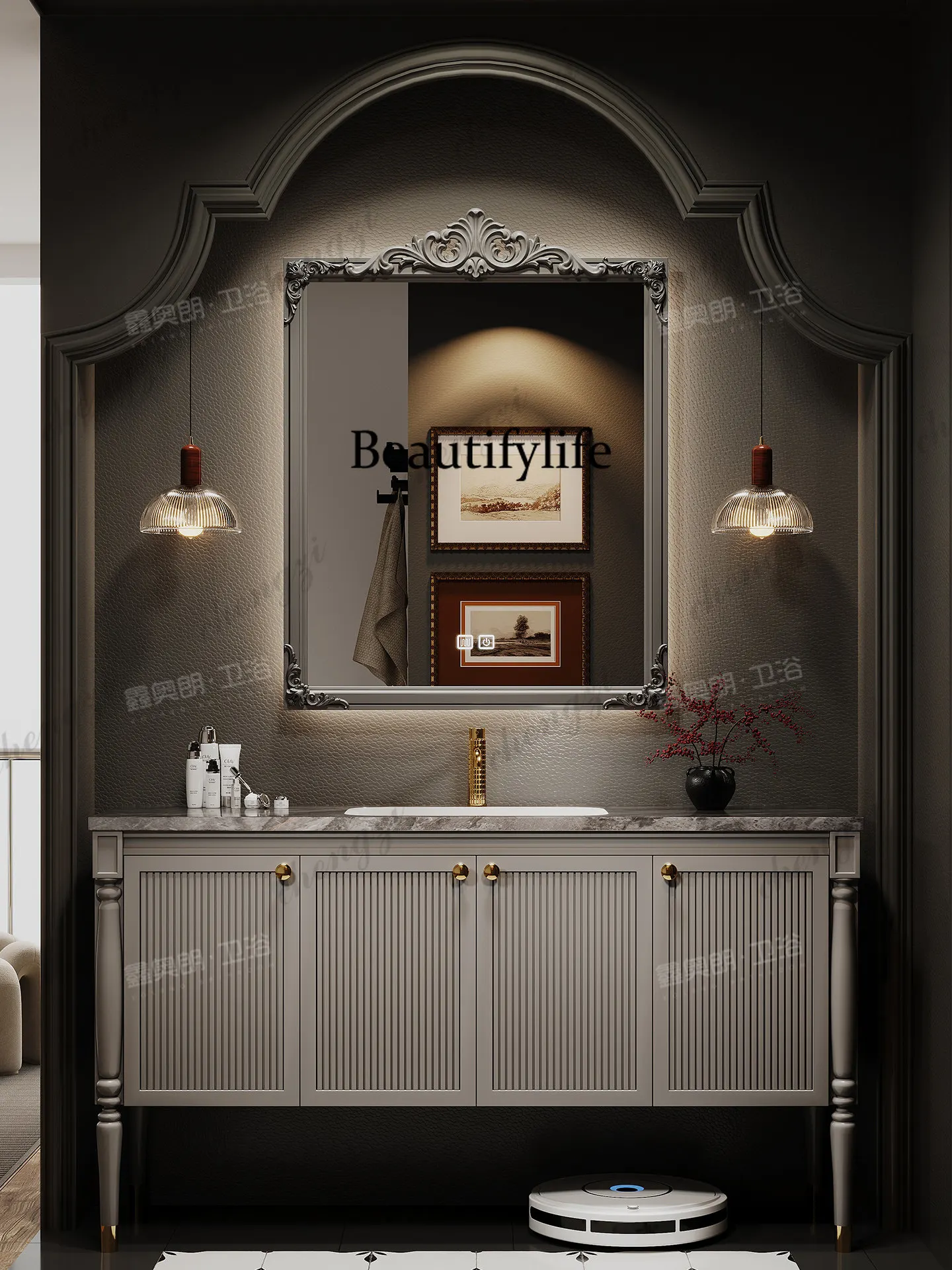 Haute couture French retro oak bathroom cabinet combination slate seamless ceramic basin washstand