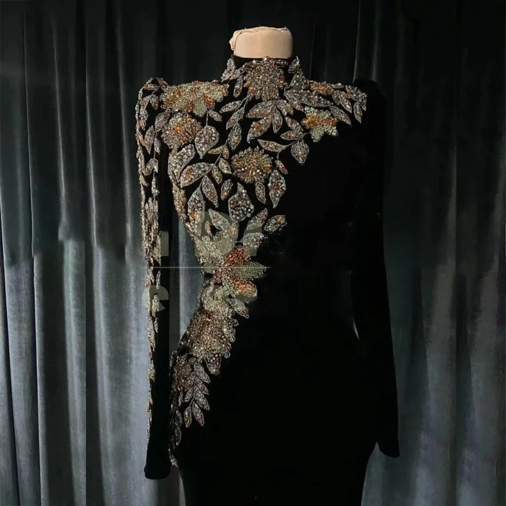 KSDN Abiti da sera formali da donna neri Abiti formali con collo alto e maniche lunghe Sweep Train Abiti per occasioni speciali Abito da ballo con perline 2026