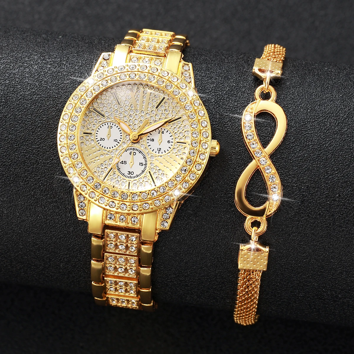 2PCS Luxury Rhinestone Women Watches Bracelet Set Fashion Decorative Three-eyes Ladies Quartz Wristwatch Reloj (Without Box)