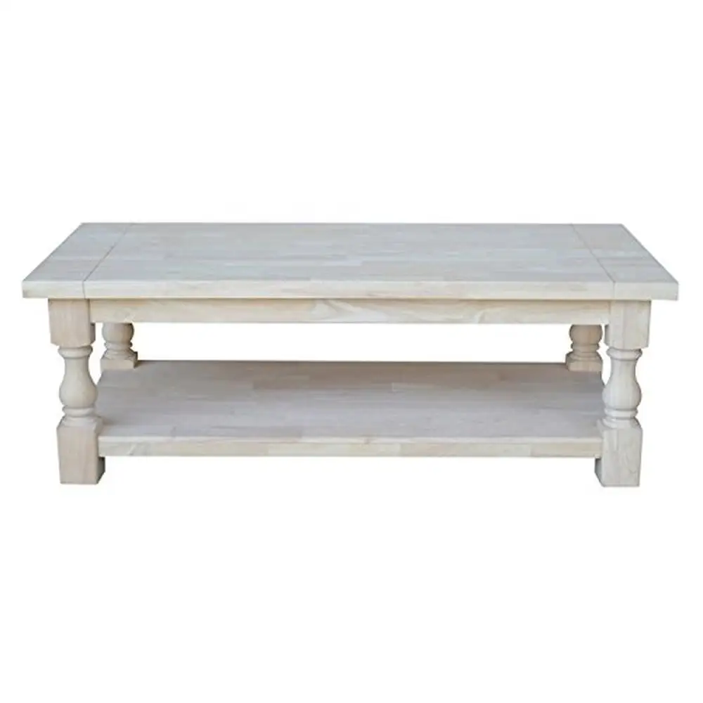 Unfinished Solid Parawood Tuscan Coffee Table 56 x 26-inch Traditional Design with Spacious Shelf Easy Assembly & Customizable