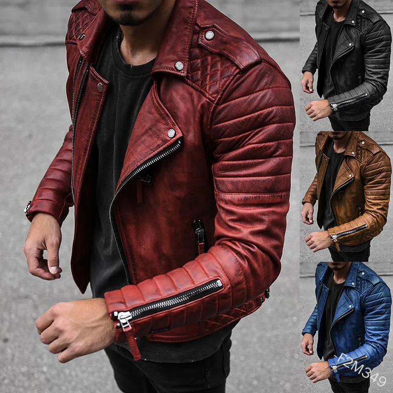 

Men Coats Spring Autumn Fashion Slim Lapel Windproof Locomotive Leather Jacket Solid Color Long Sleeve Zip Brown Men's Clothing