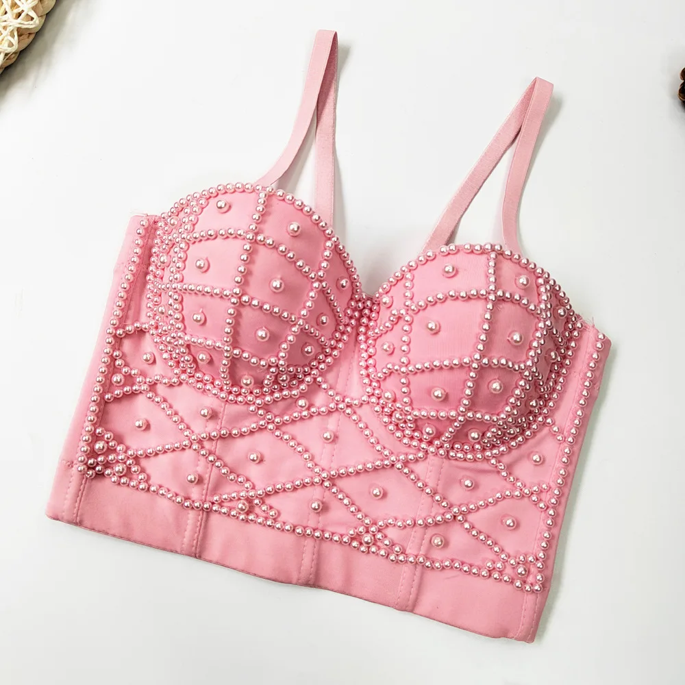 Sexy Short Pearl Strap Vest Women's Outerwear Bared Belly Fishbone Top Cool Sweet Knitted Tube Top for Ladies