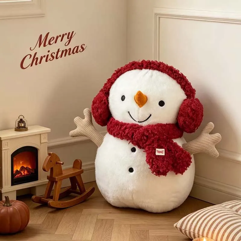 Christmas Snowman Plush Toy Cute Snowman Stuffed Doll with Red Scarf Earmuffs Soft Novelty Plushie Home Decoration Holiday Gift