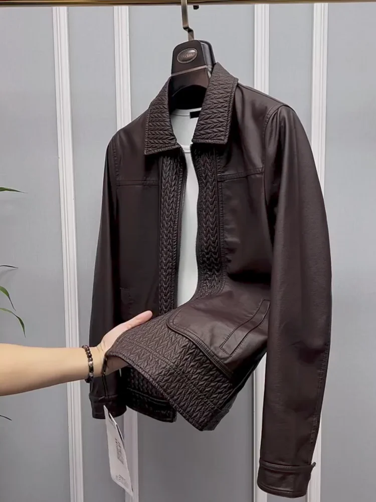 

New Autumn Men's PU Leather Jaet Collar Casual Cool Busin High-End Faion Trendy Zipper Long Sve Stand Fit Jaet