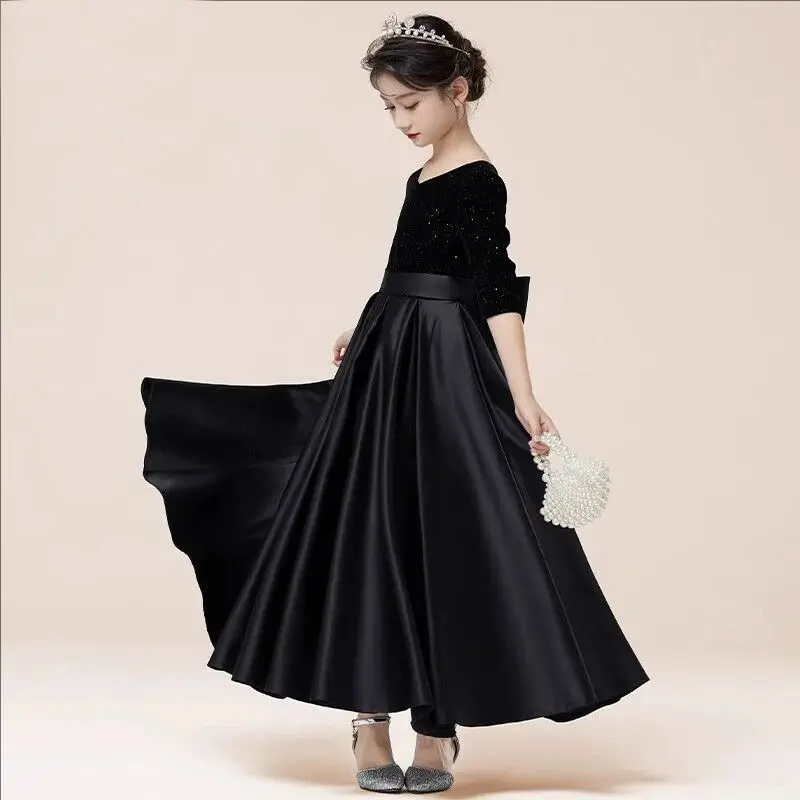 Girl Princess Dress Black Evening Dress Spring and Autumn Light Luxury High end Children's Piano Performance Dress