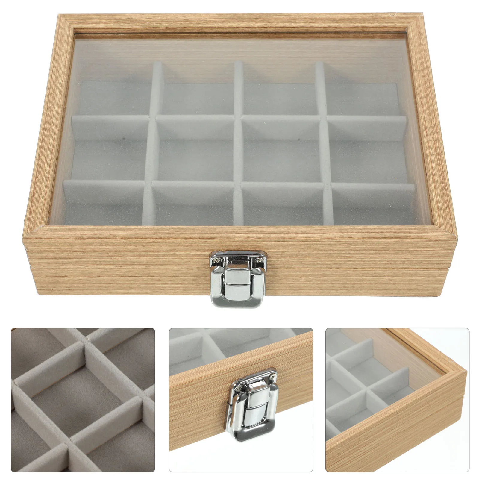 

Wood Multi Grid Jewelry Box Clear Lid Vintage Style Sturdy Organizer Storage Case for Home Office Dressing Table