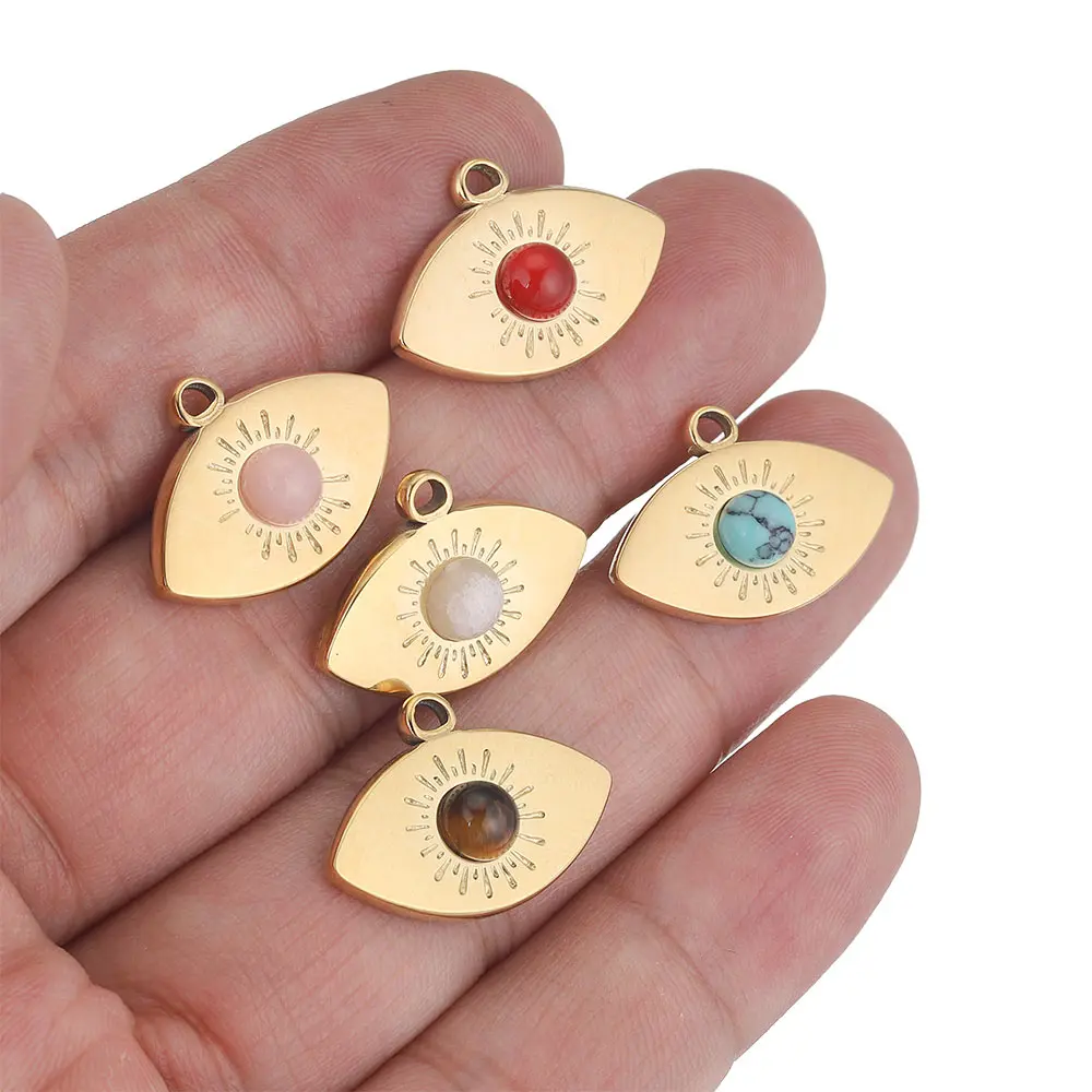 4pcs Lot Stainless Steel Oval Sun Rays Gold Color Charm Pendants Natural Stone Cute Earring for DIY Necklace Jewelry Making Bulk