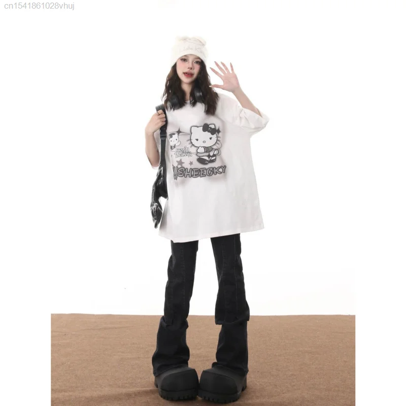 Sanrio Hello Kitty Gothic Printed Black White T-shirt Y2k Youthful Woman Clothes Summer New 2024 Oversize Top 2000s Punk Tees