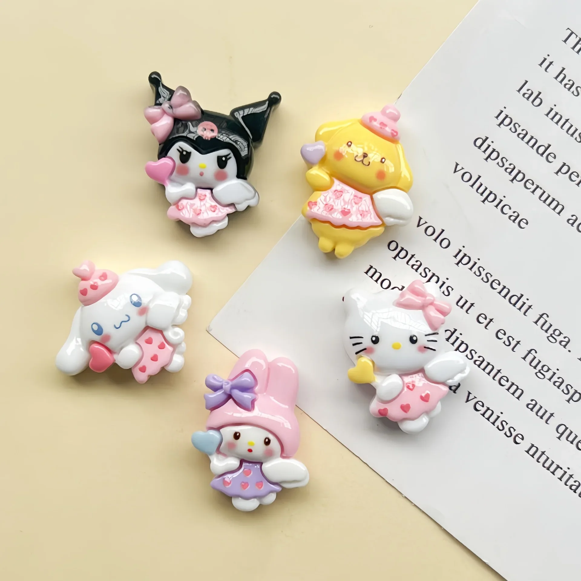 دبوس شعر كابوشون مسطح من راتنج الكرتون ، مواد مجوهرات ، إكسسوارات كرتون ، ملاك لامع ، قلب ، سانريو ، Serieshello ، كيتي ، 5