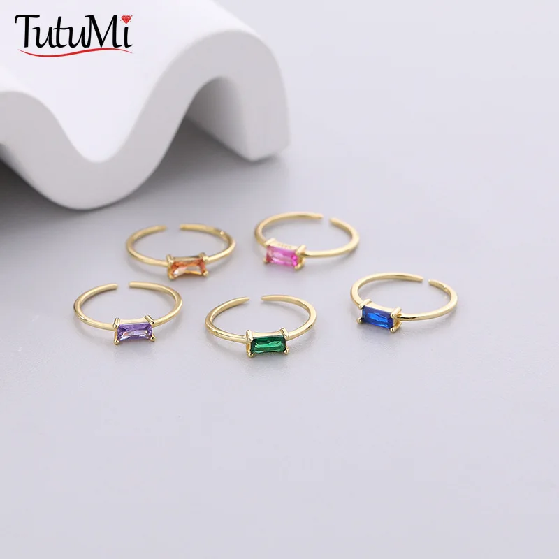 

925 Sterling Silver Vintage Square Zircon Ring Colored Gemstone Thin Ring Simple Style 18K Gold Plated Fine Jewelry for Women