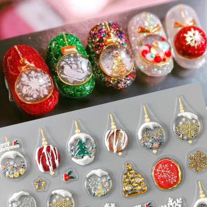 Christmas Crystal Ball Designs 5D Embossed Nail Stickers Cute Winter Snow Globe New Year Santa Xmas Tree Nail Slider Decals