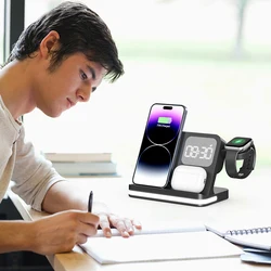 Clock, desktop, mobile phone, headphones, watch, wireless charger, both entertainment and charging not wrong
