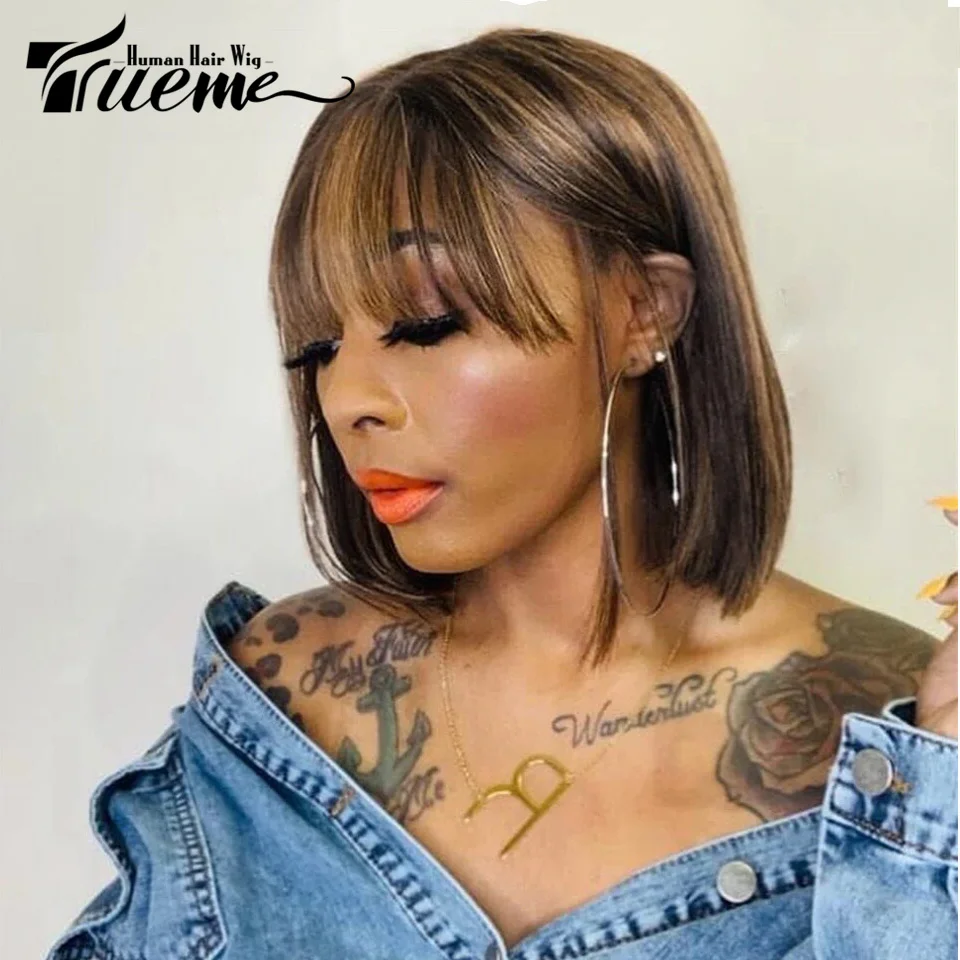 Trueme Highlight Wear and Go Bob Wig Brazilian Short Straight Human Hair Wigs For Women Brown Glueless Human Bob Wig With Bangs