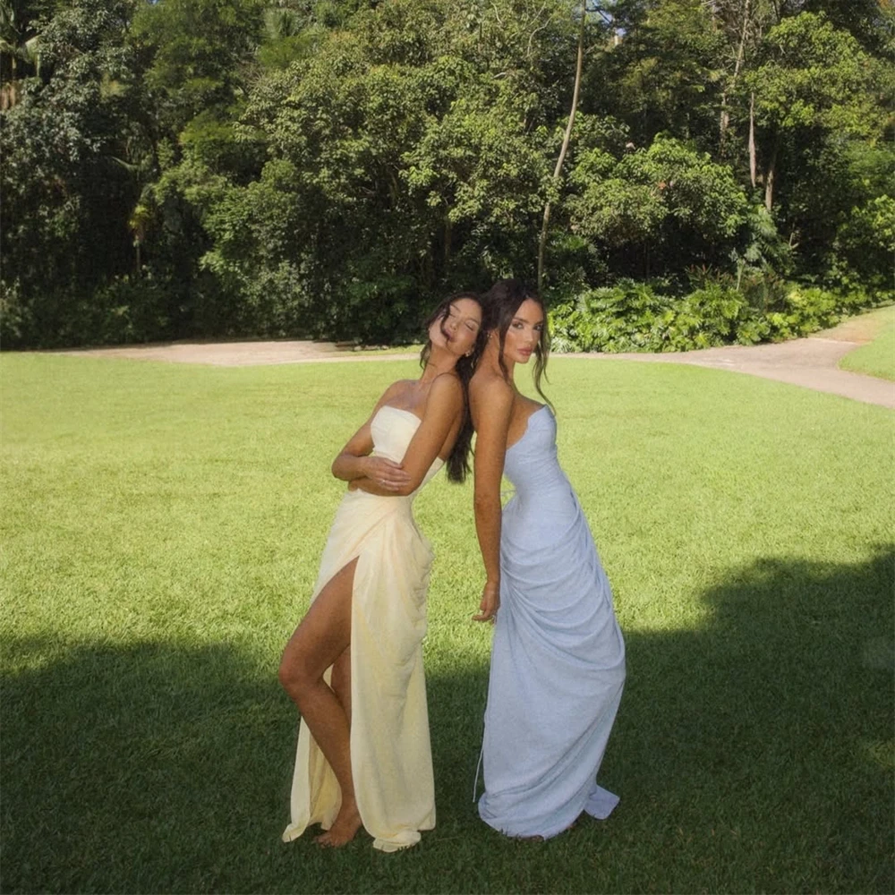 

Strapless Chiffon Bridesmaid Dresses for Wedding Party Elegant Ruched High Slit Maxi Dress Formal Evening Prom Gown Customized