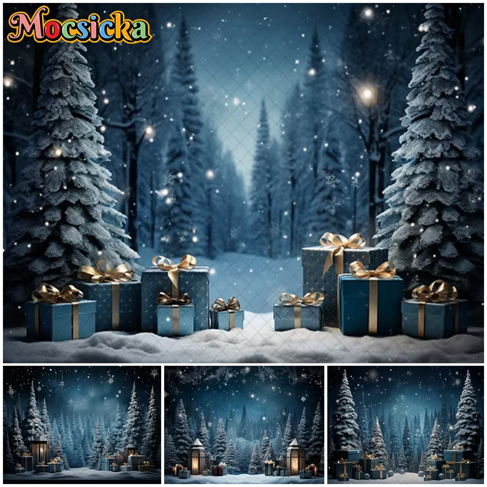 

Mocsicka Christmas Photography Background Xmas Tree Gifts Night Forest Winter Snowflake Decors Baby Adult Holiday Party Backdrop