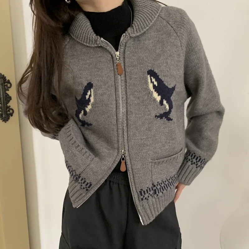 Women's Retro Cartoon Dolphin Jacquard Lapel Double-zip Knitted Cardigan Autumn Winter Thick Warm Casual Versatile Sweater Coats