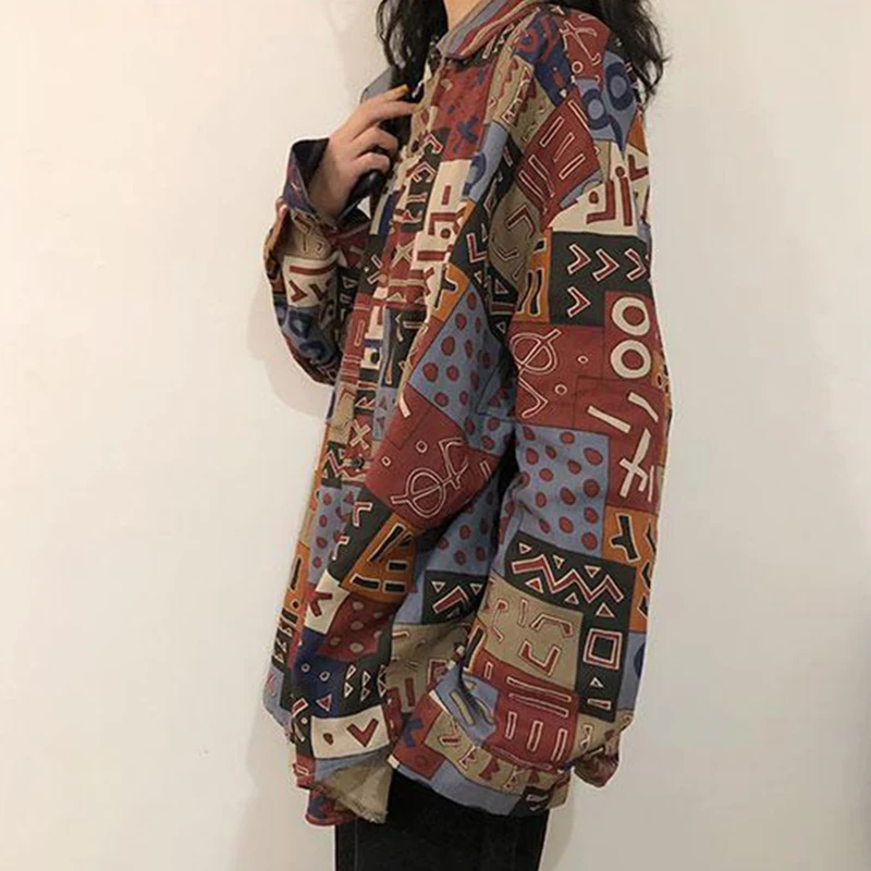 GIDYQ Y2k Vintage Printing Women Shirt Harajuku Streetwear Oversized Casual Lapel Shirt Korean Chic Long Sleeve Blouses Tops
