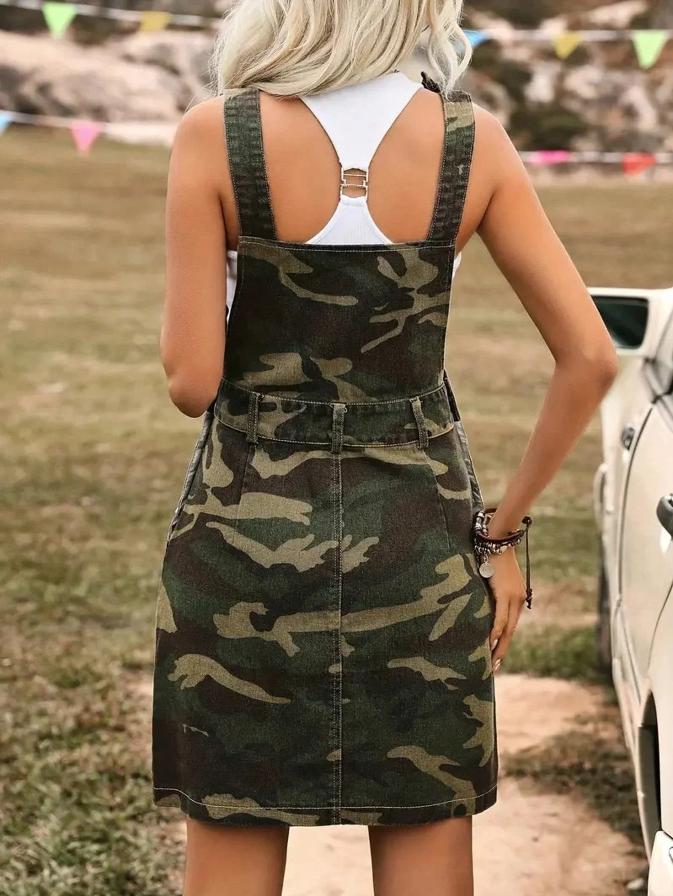 

Women's Camouflage Denim Overall Skirt With Front Buckle Strap Casual Pocket Mini Dress