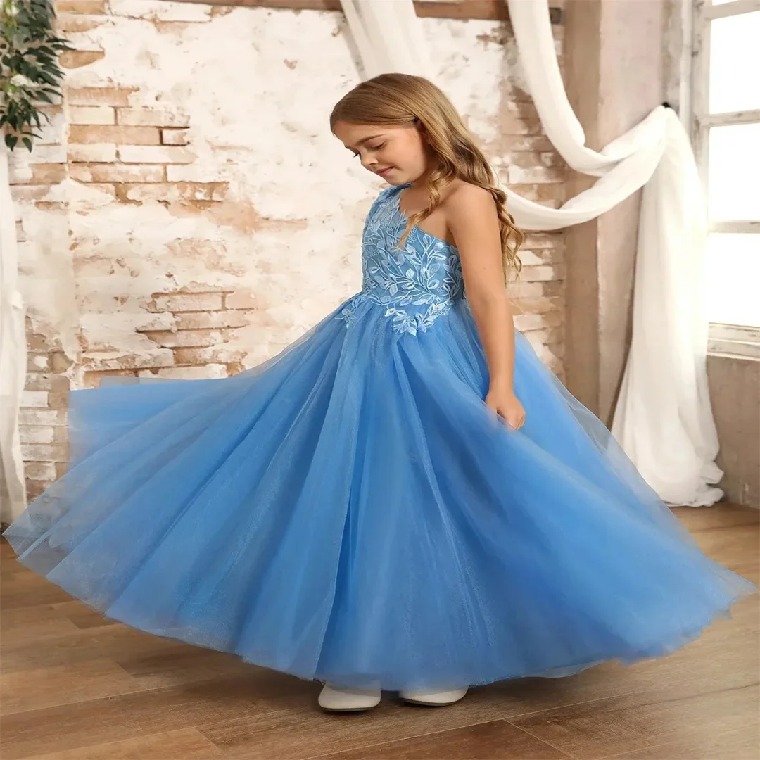 

Customized Blue First Communion Kids Birthday Party Gown Party Dresses One Shoulder Flower Girl Dresses for Wedding Princess