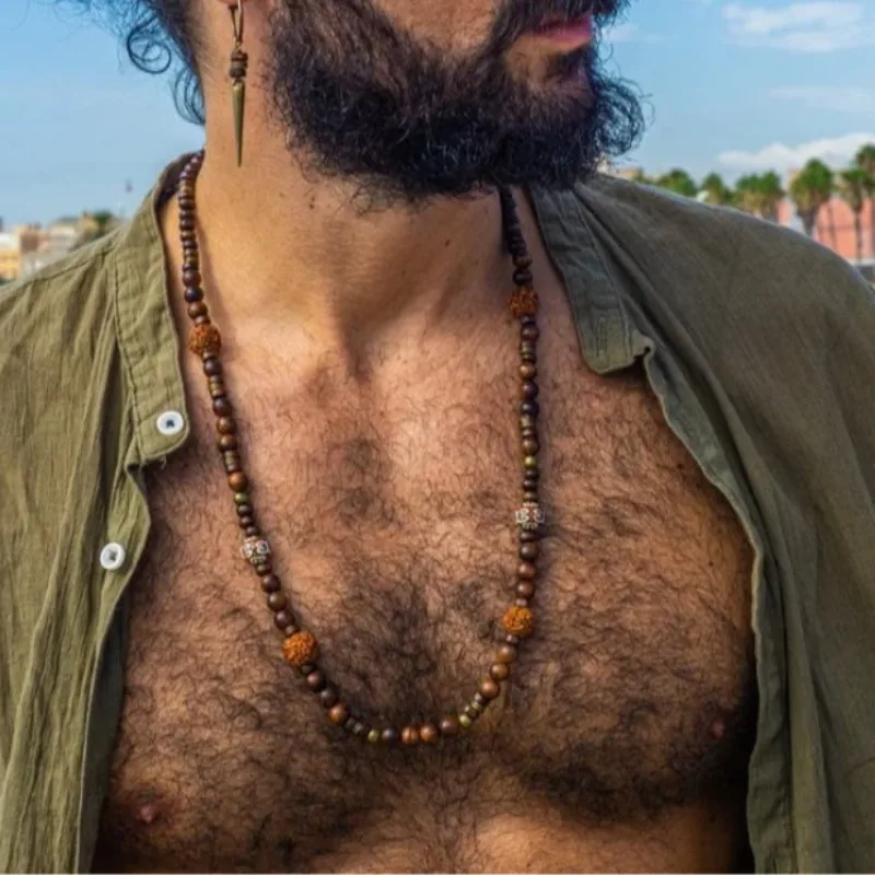 Bohemian Coconut Wood Bead Necklace for Men Boys,Vintage Walnut Shell Long Collar,Summer Vacation Accessories