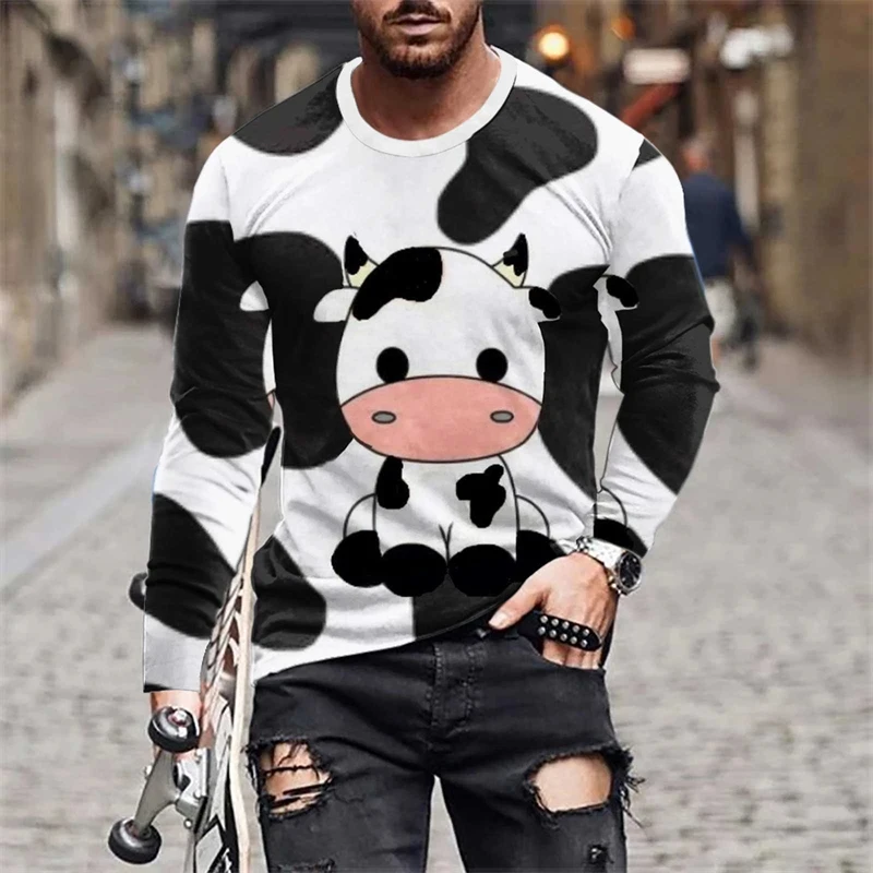 

Funny Milk Cow Graphic Men's Long Sleeve T-Shirt Autumn Outdoor Street Fashion O-Neck Tees Loose Breathable Quick Drying Clothes