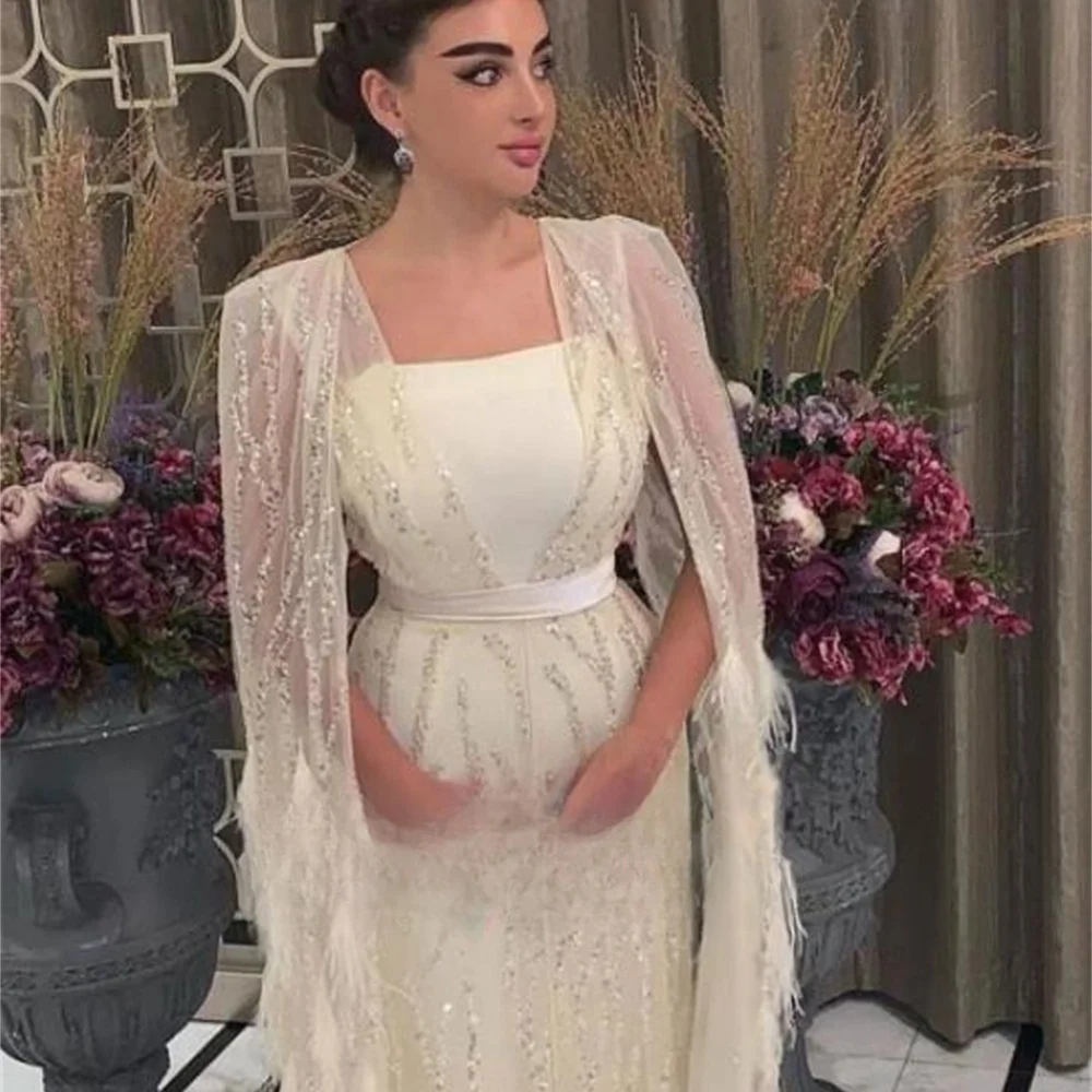 Contessa Dubai Weiße Pailletten Federn Hochzeitskleid Schal Zweiteiliges Set Vestidos de Noche Trägerlos فسات Cosa •agemة Maßgeschneidert 2025